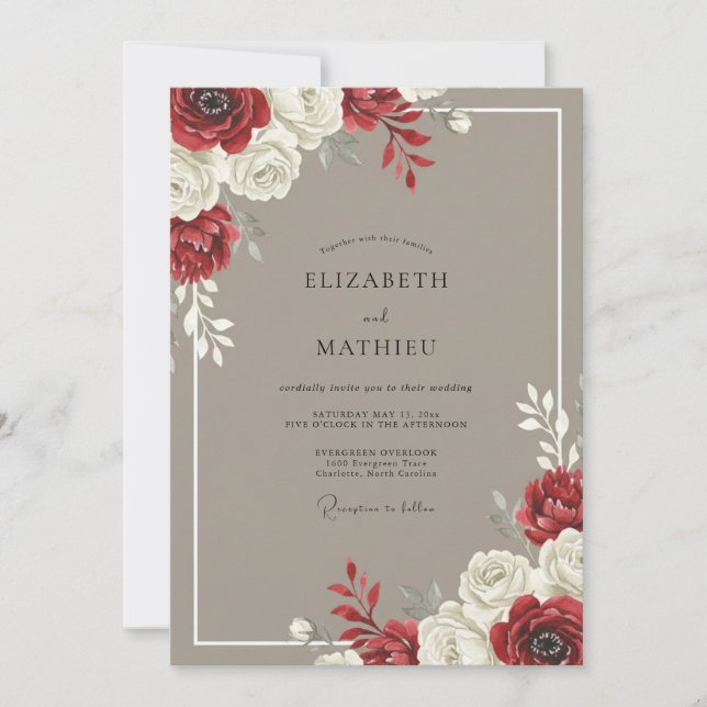 Crimson Mocha Leafy Wedding Invitation (Front)