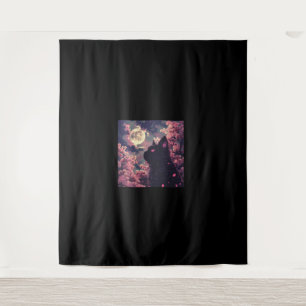 Crimson Moon and Black Cat in Sakura Dream Tapestry
