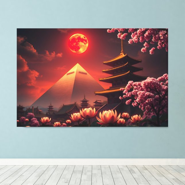 Crimson Moon: Lotus Sanctuary Canvas Print (Insitu(Wood Floor))
