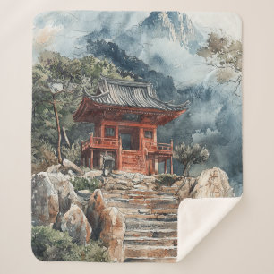 Crimson Mountain Pagoda Ink Wash (2) Sherpa Blanket