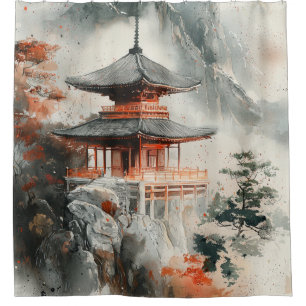 Crimson Mountain Pagoda Ink Wash (3) Shower Curtain