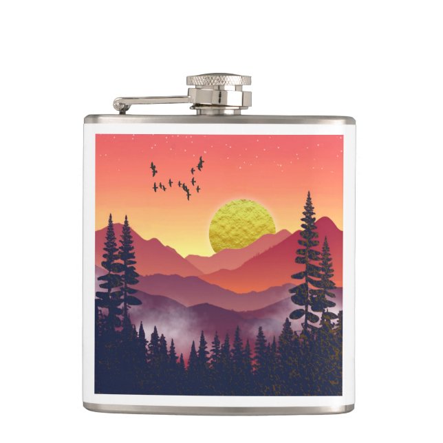 Crimson Mountains Landscape Hip Flask (Front)