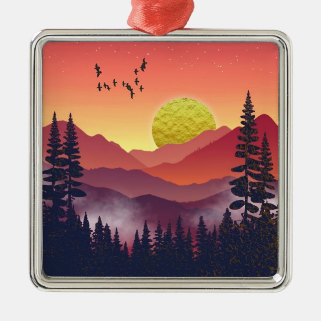 Crimson Mountains Landscape Metal Tree Decoration (Front)