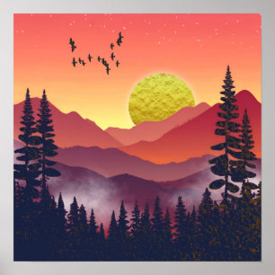 Crimson Mountains Landscape Poster