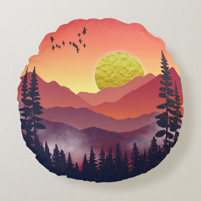 Crimson Mountains Landscape Round Cushion (Front)