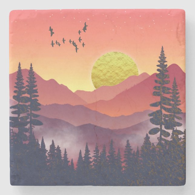 Crimson Mountains Landscape Stone Coaster (Front)