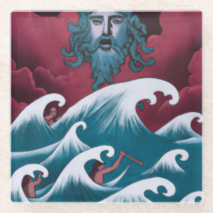 Crimson Neptune Oil Painting Glass Coaster