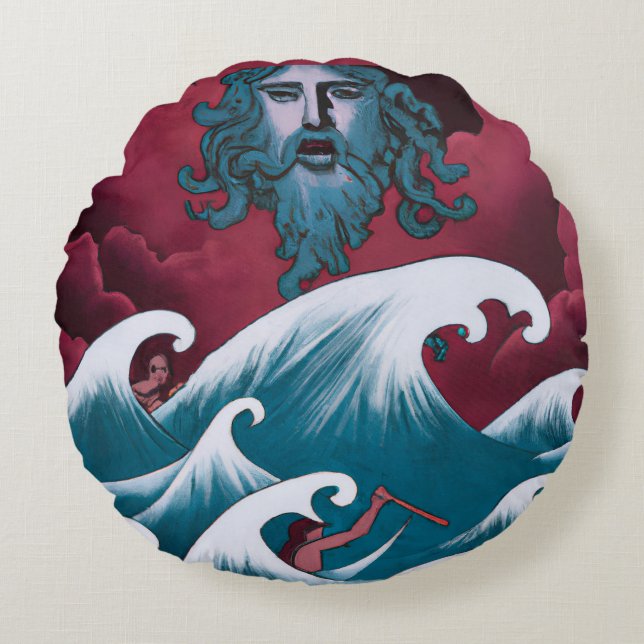 Crimson Neptune Oil Painting Round Cushion (Front)