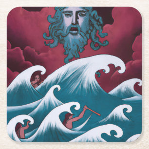 Crimson Neptune Oil Painting Square Paper Coaster