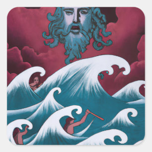 Crimson Neptune Oil Painting Square Sticker
