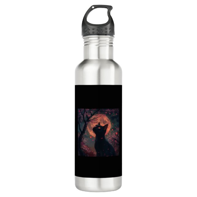Crimson Night_ Black Cat with Sakura Bloom  710 Ml Water Bottle (Front)