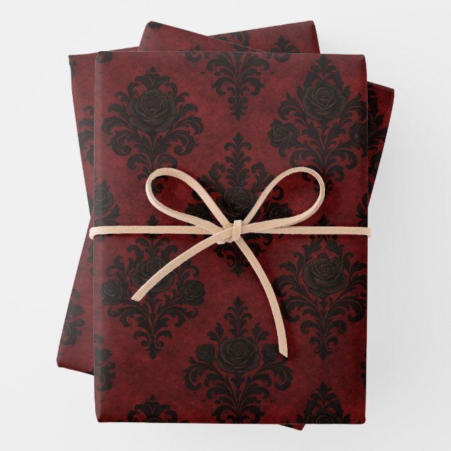 Crimson Nocturne Bloom Victorian  Wrapping Paper Sheet (In situ)