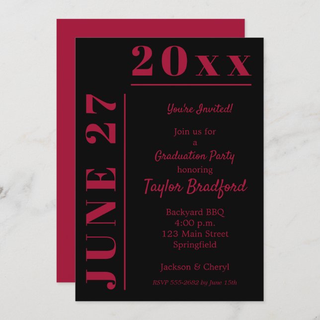 Crimson on Black Graduation Party Invitations (Front/Back)