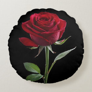 Crimson on Ebony: The Single Red Rose, Round Cushion