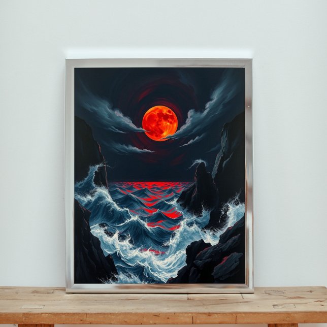 Crimson Orb Over Tempestuous Sapphire Seas Poster (Creator Uploaded)