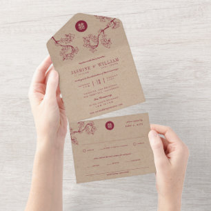 Crimson Peach/Plum Blossoms Kraft Chinese Wedding All In One Invitation