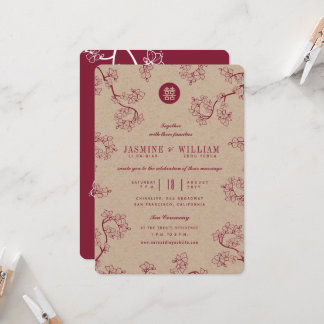 Crimson Peach/Plum Blossoms Kraft Chinese Wedding Invitation