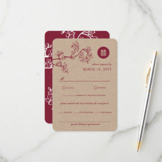Crimson Peach/Plum Blossoms Kraft Chinese Wedding RSVP Card