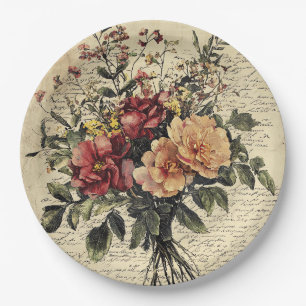 Crimson Peach Vintage Rose Bouquet Paper Plate