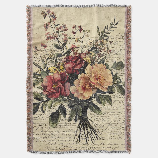 Crimson Peach Vintage Rose Bouquet Throw Blanket (Front Vertical)