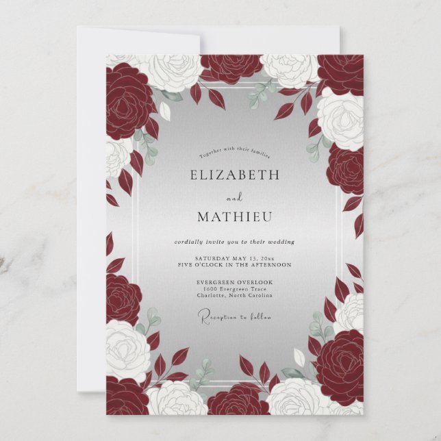 Crimson Peony Silver Wedding Invitation (Front)
