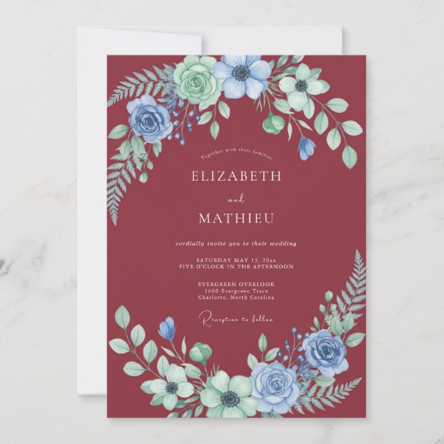 Crimson Periwinkle Bloom Wedding Invitation (Front)
