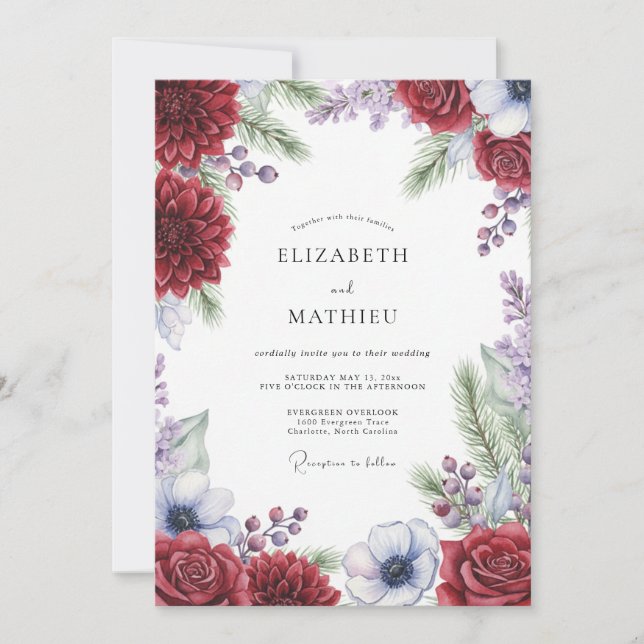 Crimson Periwinkle Dahlia Wedding Invitation (Front)