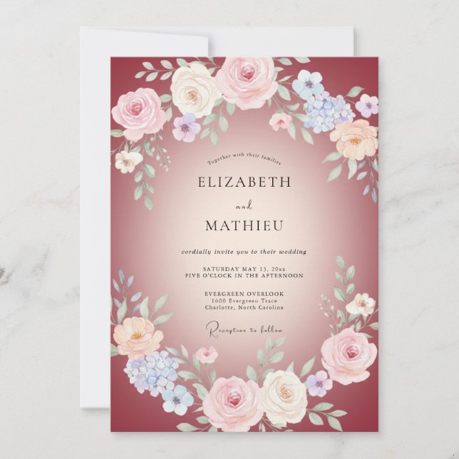 Crimson Periwinkle Peony Wedding Invitation (Front)