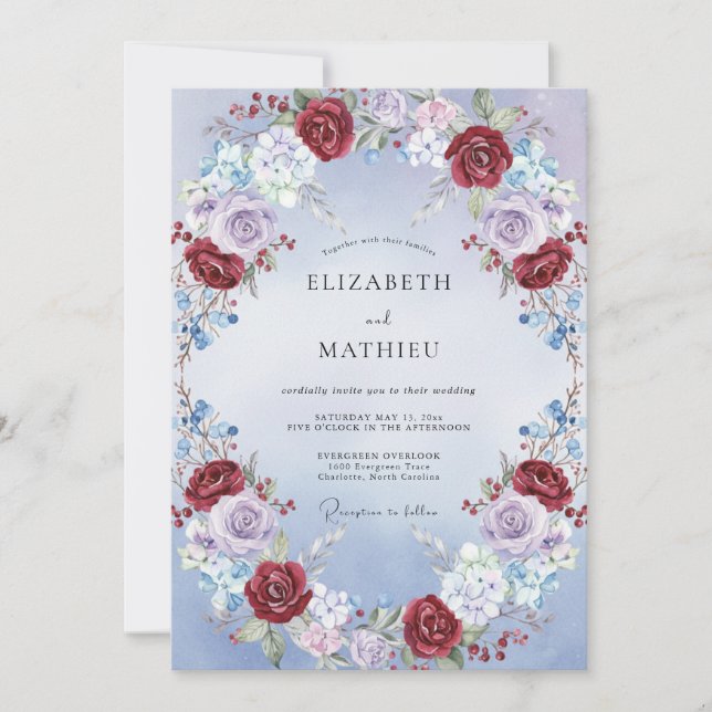 Crimson Periwinkle Rose Wedding Invitation (Front)