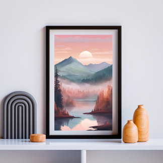 Crimson Pines – Dreamy Forest Sunrise Landscape Ar Poster