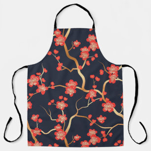 Crimson Plum Blossom Gold Bronze Navy Floral Apron