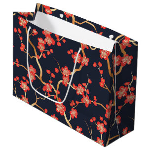 Crimson Plum Blossom Gold Bronze Navy Floral Large Gift Bag