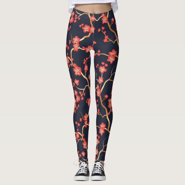 Crimson Plum Blossom Gold Bronze Navy Floral Leggings (Front)