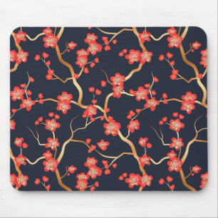 Crimson Plum Blossom Gold Bronze Navy Floral Mouse Mat