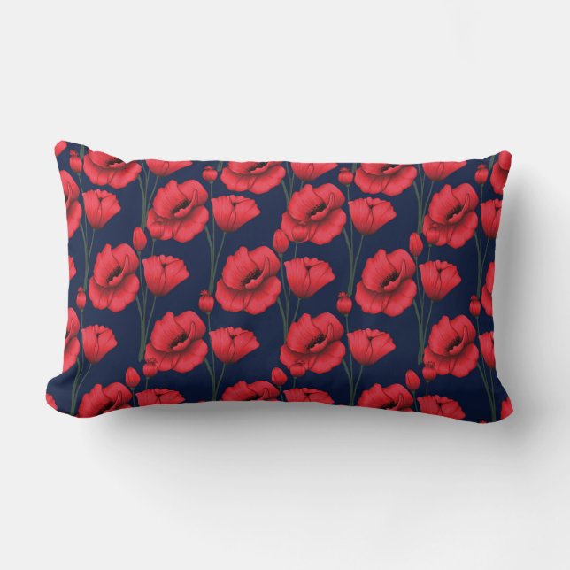 Crimson Poppies on Navy Blue Lumbar Cushion (Front)