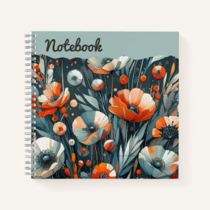 Crimson Poppies & Smoky Grey Flourish Hand-Painted Notebook