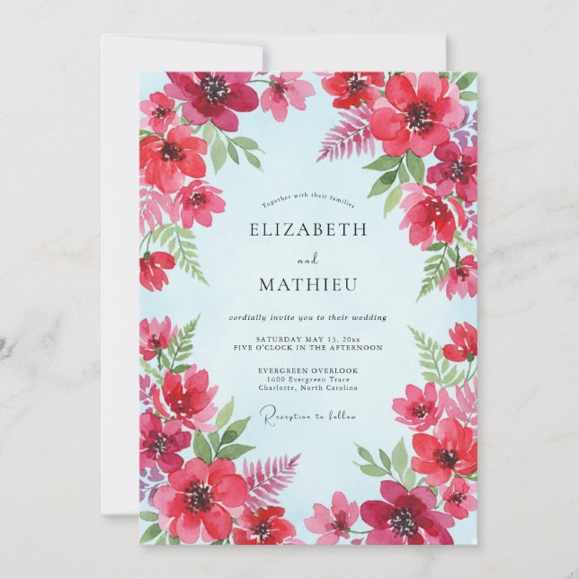 Crimson Poppy Aqua Wedding Invitation (Front)