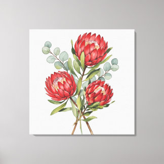Crimson Protea Bouquet Watercolor Canvas Print