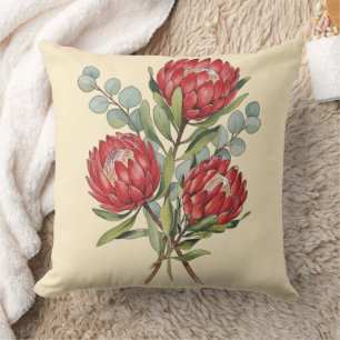 Crimson Protea Bouquet Watercolor Cushion