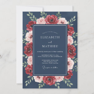 Crimson Ranunculus Slate Eucalyptus Wedding Invitation