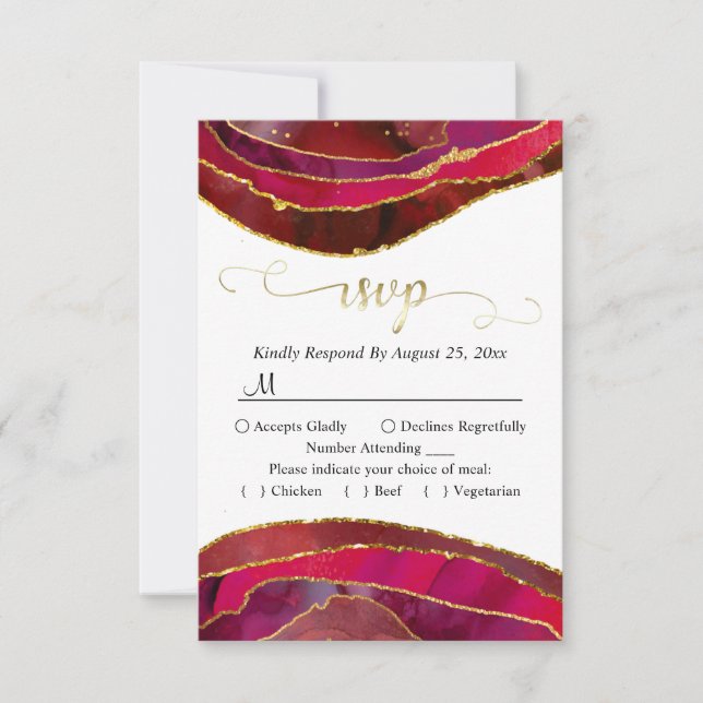 Crimson Red Agate Modern Watercolor Gold RSVP Card (Front)