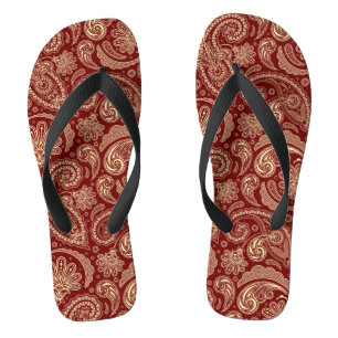 Crimson Red And Beige Creme Vintage Paisley Flip Flops
