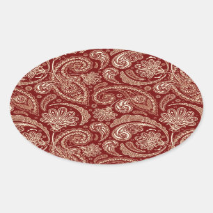 Crimson Red And Beige Creme Vintage Paisley Oval Sticker