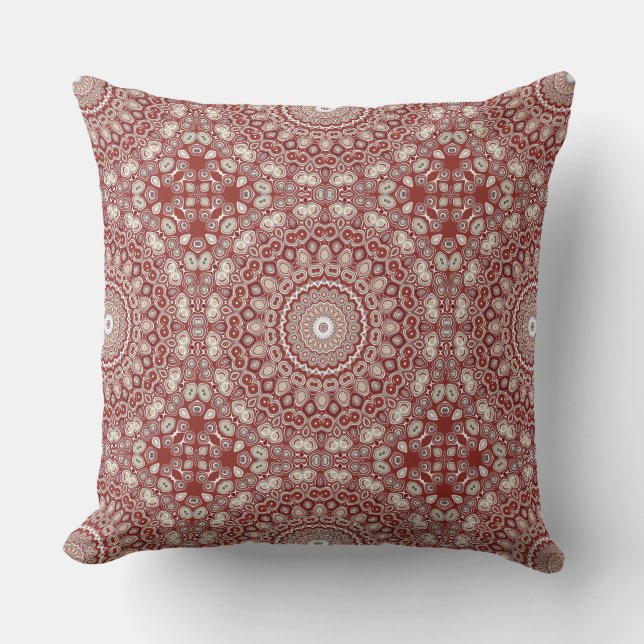 Crimson Red and Beige Mandala Pattern Cushion (Front)