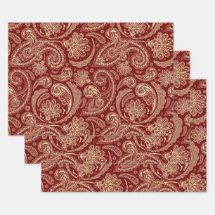 Crimson Red And Beige Vintage Paisley Wrapping Paper Sheet