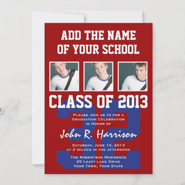 Crimson Red and Blue Athletes Photo Gradutaion Invitation (Front)