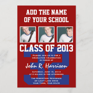 Crimson Red and Blue Athletes Photo Gradutaion Invitation