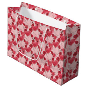 Crimson Red and Blush Pink Hearts and Roses  Large Gift Bag