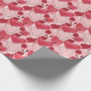 Crimson Red and Blush Pink Hearts and Roses Wrapping Paper