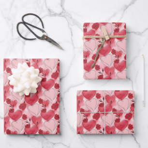 Crimson Red and Blush Pink Hearts and Roses Wrapping Paper Sheet